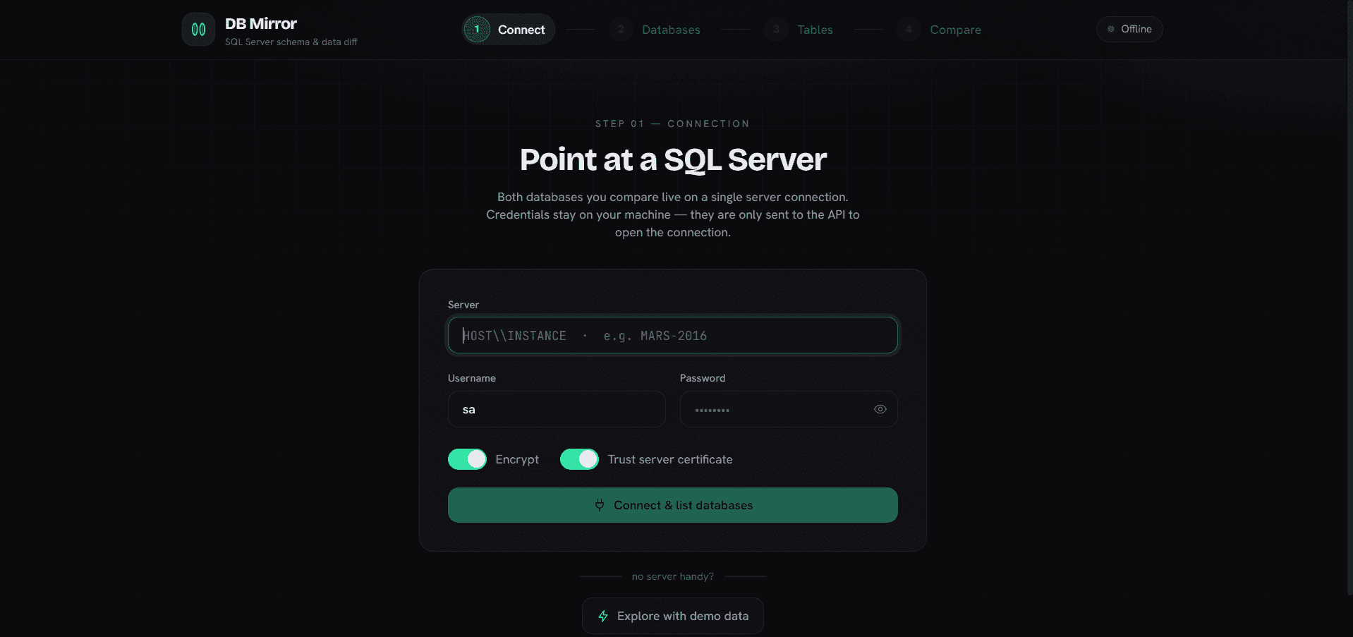 DB Mirror — Web Edition — Step 1 — Connect