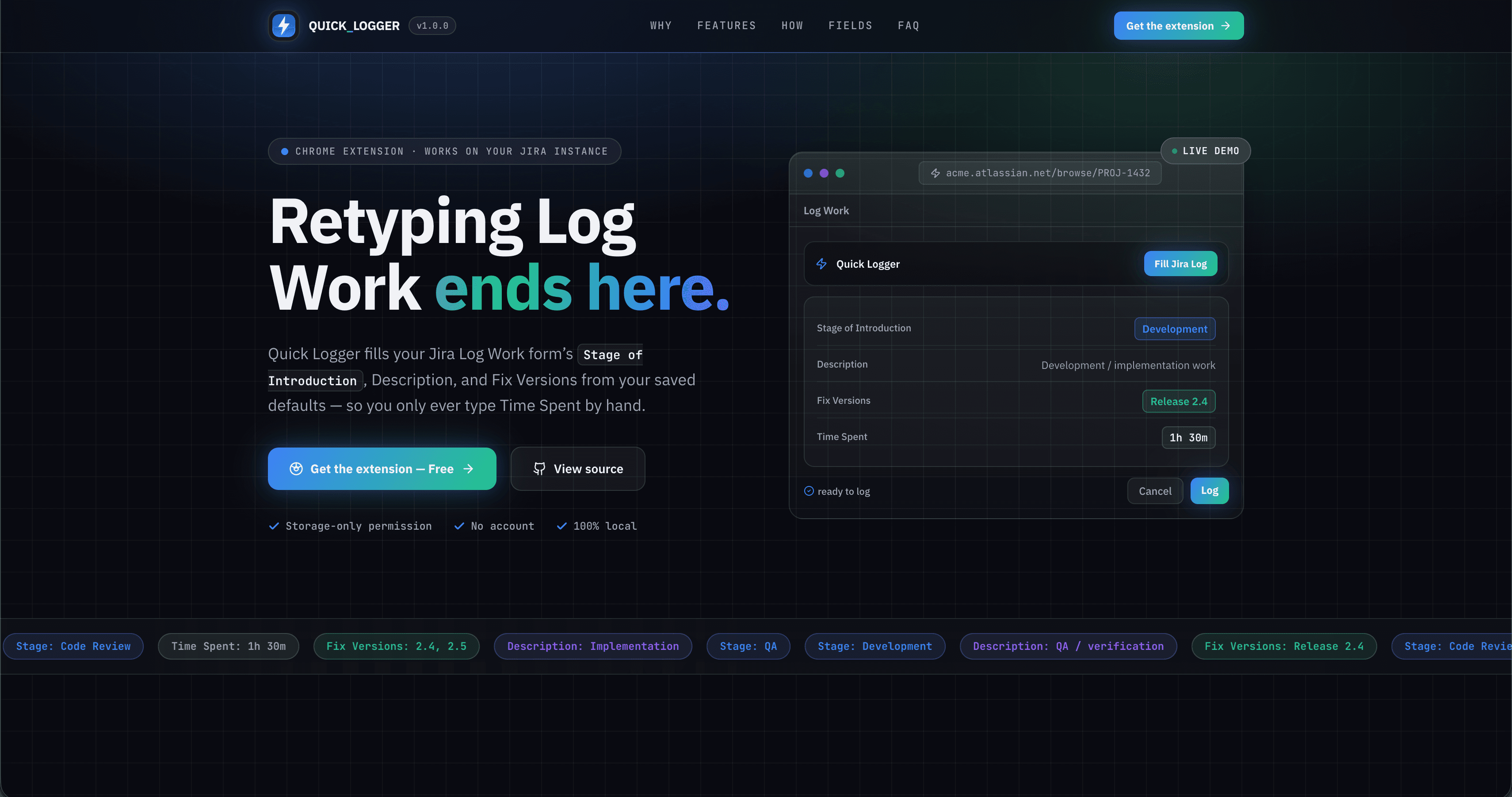 Jira Quick Logger — Auto-fill on Jira's real Log Work dialog