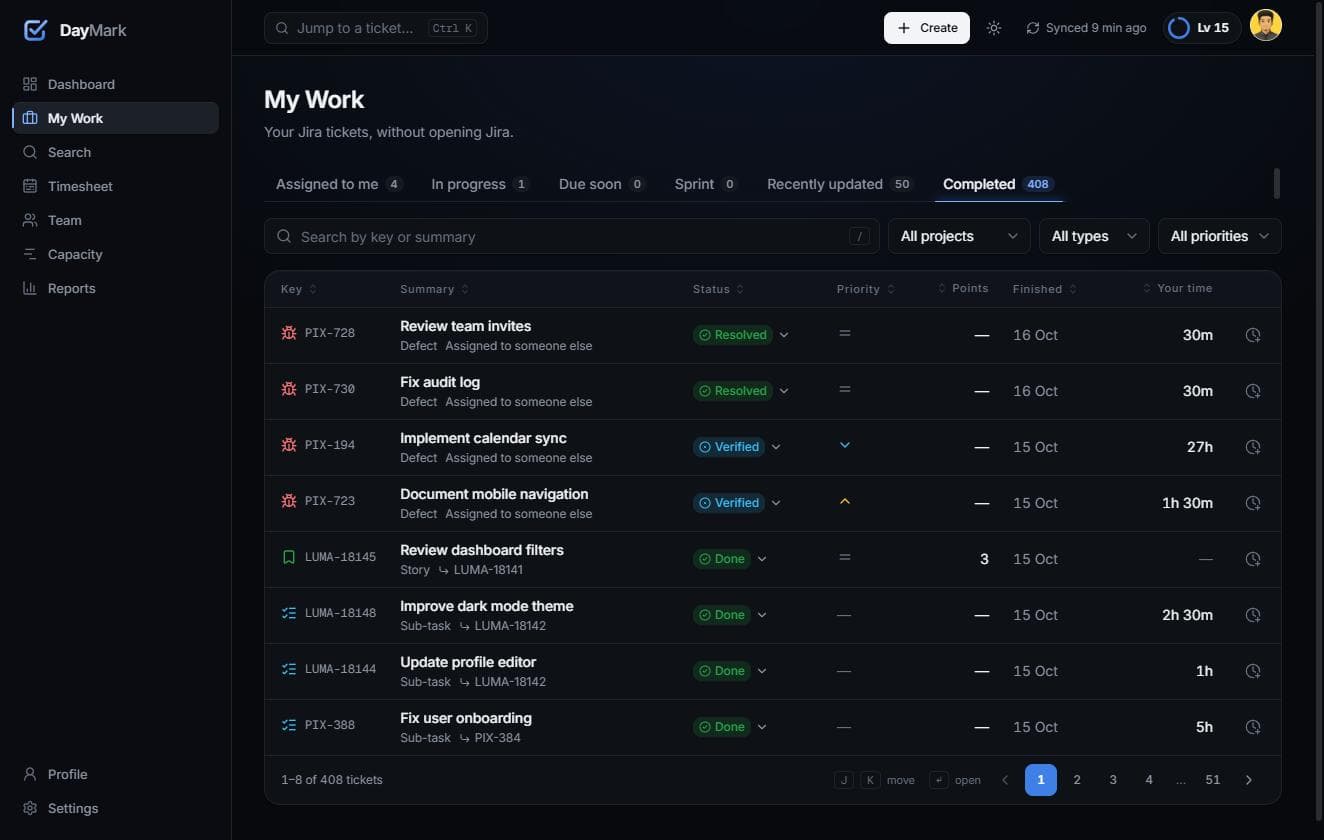 DayMark — My Work and one-click logging