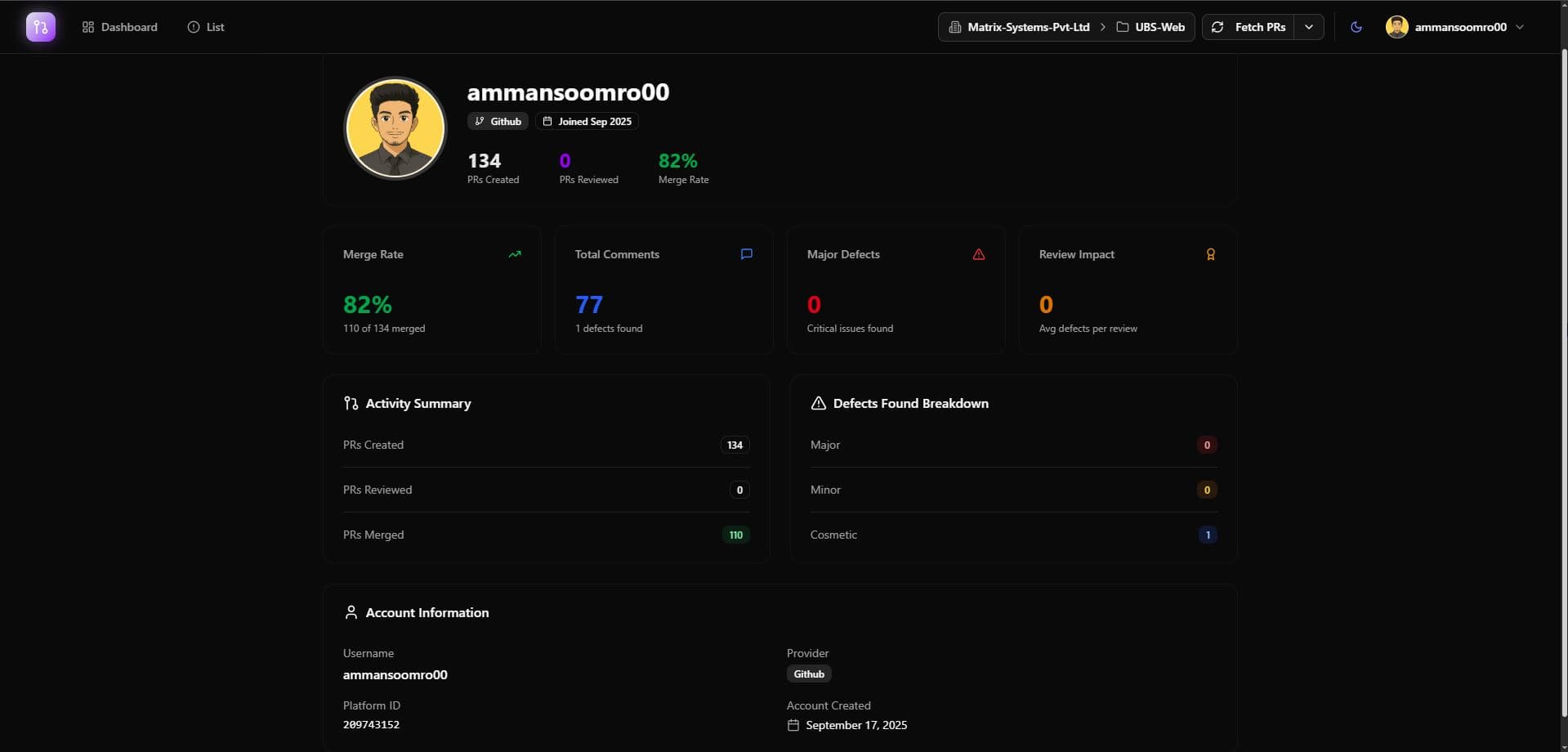 PR Analysis Dashboard — screen 4