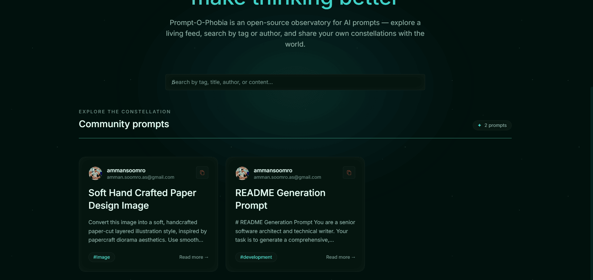 Prompt-O-Phobia — Tag-based discovery and one-click copy